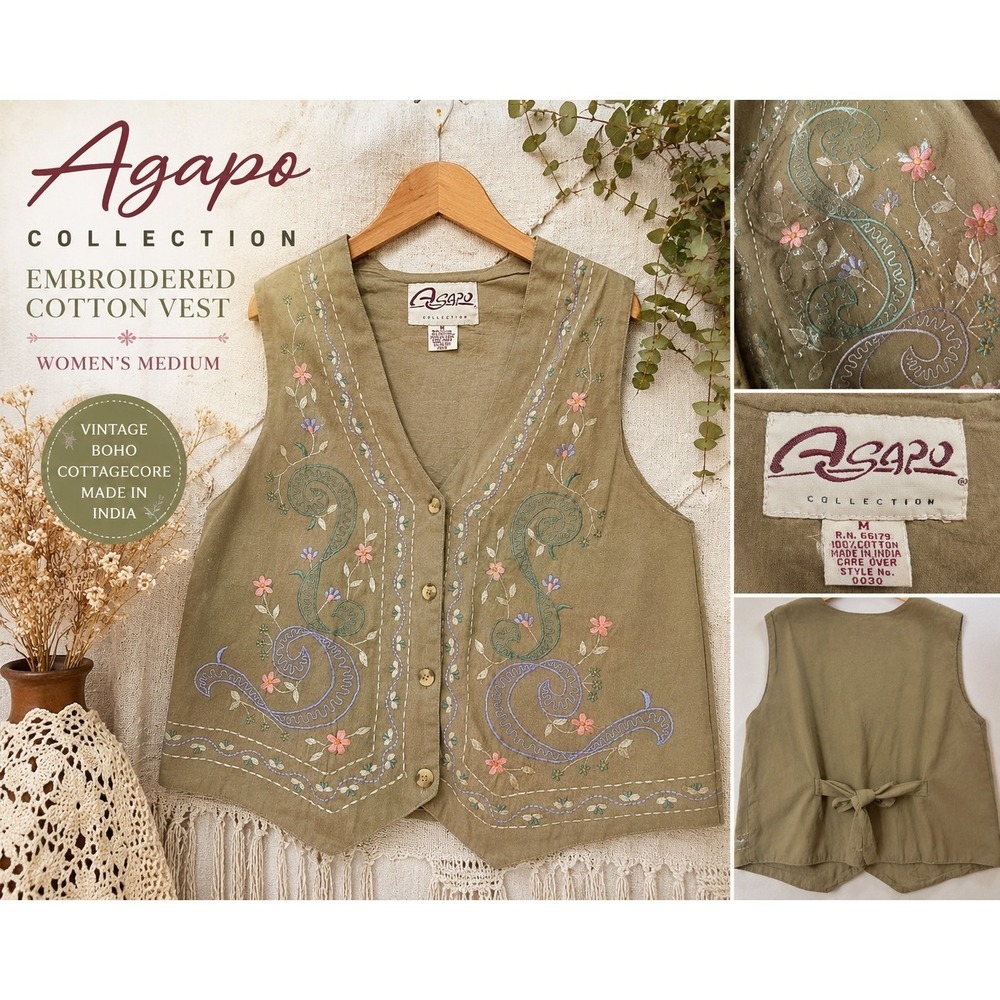 Vintage Agapo Collection Embroidered Cotton Vest Medium Floral Boho Festival